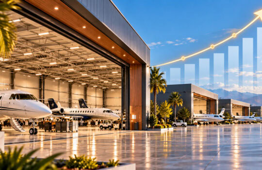 Private jets parked inside a modern hangar with a sunlit tarmac and mountains in the background. Growth arrows appear over the scene, suggesting rising metrics.