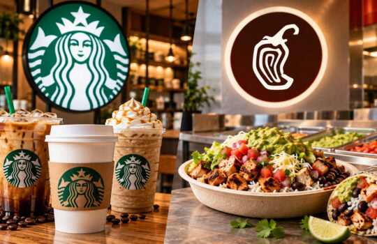 Starbucks drinks on the left and a Chipotle-style burrito bowl with toppings on the right at a fast-casual counter, split-screen scene