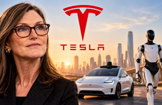 Portrait of a woman with glasses in foreground, Tesla logo centered with a car and a humanoid robot in a cityscape.