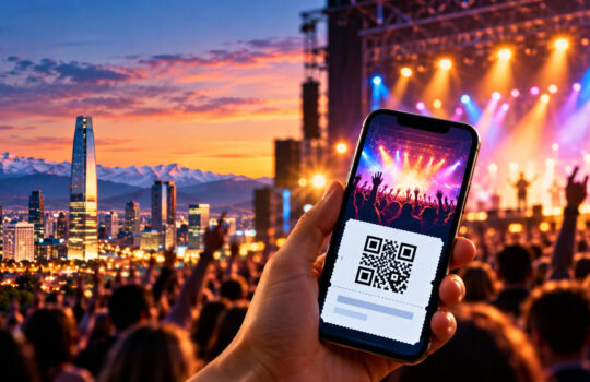 Hand holding a smartphone displaying a QR ticket in front of a vibrant outdoor concert crowd and city skyline at sunset, stage lights ablaze.