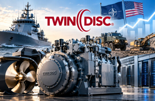 Twin Disc branding with a large marine propulsion engine in the foreground, a naval ship on the left, construction machinery in the background, and server racks along the right; flags and a rising graph in the sky imply industrial leadership.