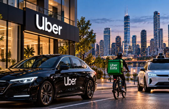 Uber car and delivery cyclist with green Uber Eats bag in front of a city skyline at dusk, near the Uber office.