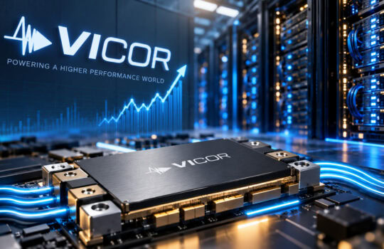 Close-up of a Vicor power module mounted on a circuit board in a data center, with blue illuminated cables and server racks in the background.