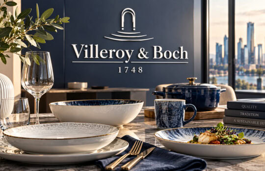 Elegant dining table set with blue-and-white porcelain, glassware, and gold cutlery in foreground; dark wall with 'Villeroy & Boch 1748' logo and city skyline through large windows.