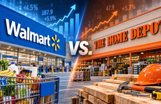 Split image showing Walmart on the left with a cart of groceries, and The Home Depot on the right with lumber and construction tools, separated by 'VS'.