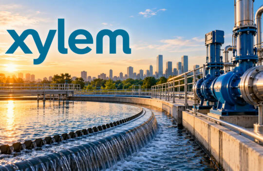 Xylem logo over an industrial water treatment facility with blue pumps, pipes, and a city skyline at sunset