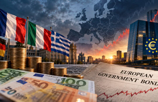 European flags over stacks of coins and euro banknotes beside a document titled European Government Bonds and a euro-themed skyscraper with a rising stock line.